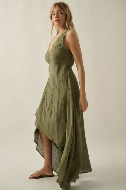 Finally Free Cotton Gauze and Lace Wrap Maxi Dress