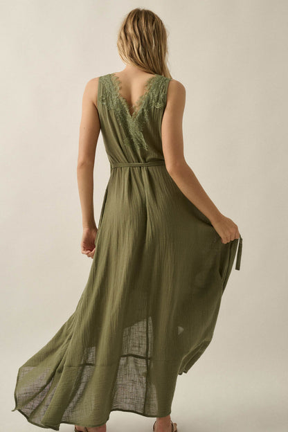 Finally Free Cotton Gauze and Lace Wrap Maxi Dress