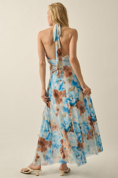 Heavenly Blossoms Floral Mesh Halter Maxi Dress