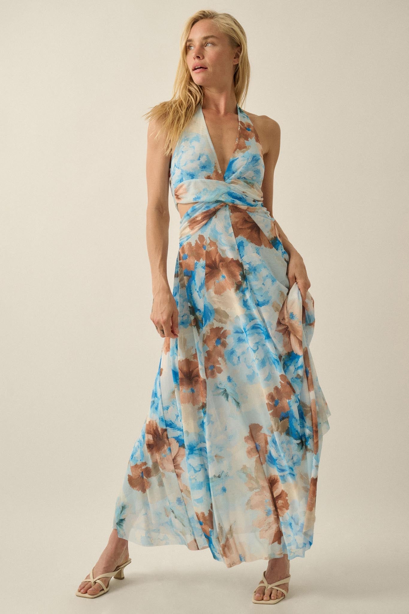 Heavenly Blossoms Floral Mesh Halter Maxi Dress