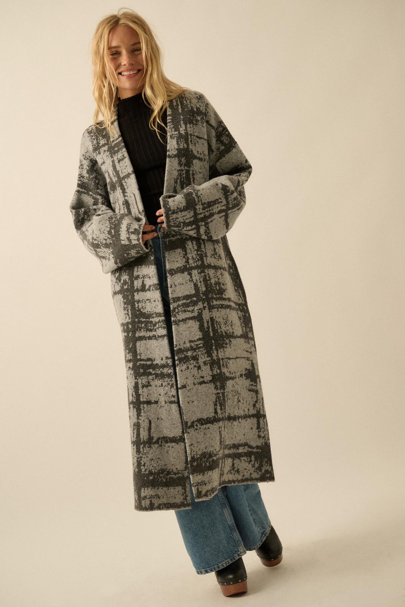 Square One Plaid Jacquard-Knit Duster Cardigan