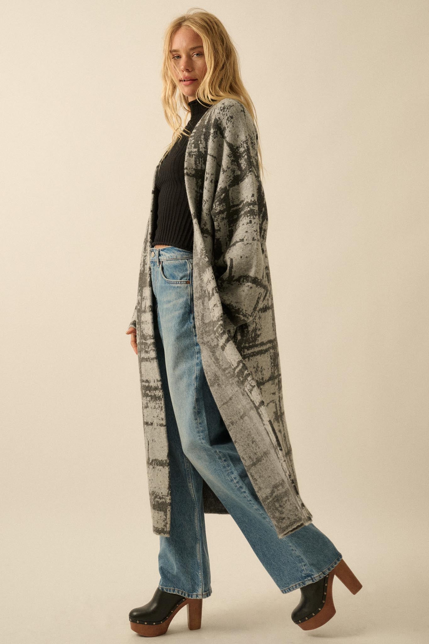 Square One Plaid Jacquard-Knit Duster Cardigan