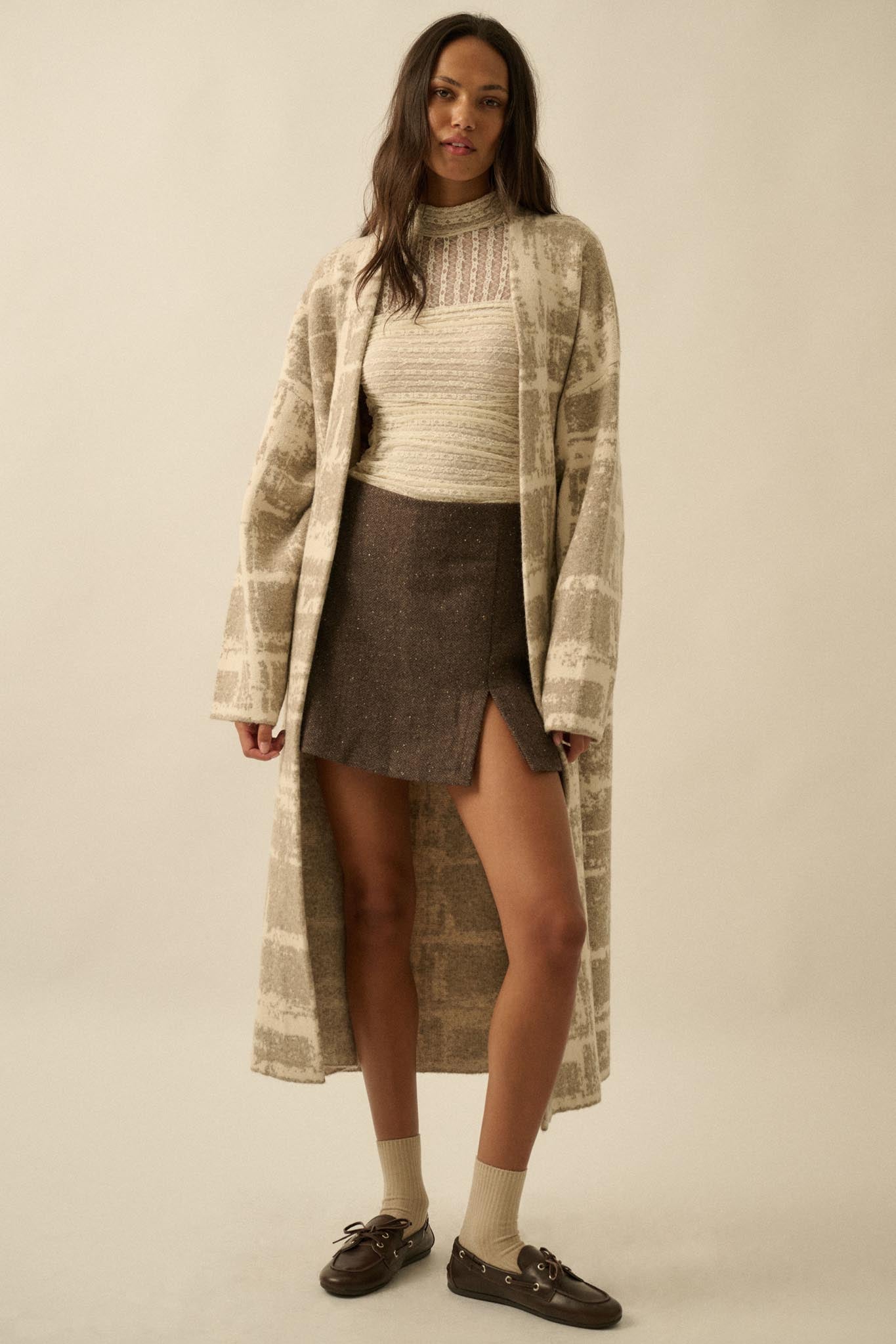 Square One Plaid Jacquard-Knit Duster Cardigan