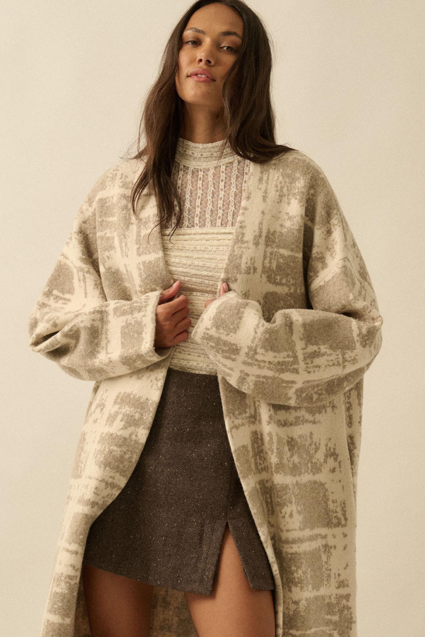 Square One Plaid Jacquard-Knit Duster Cardigan