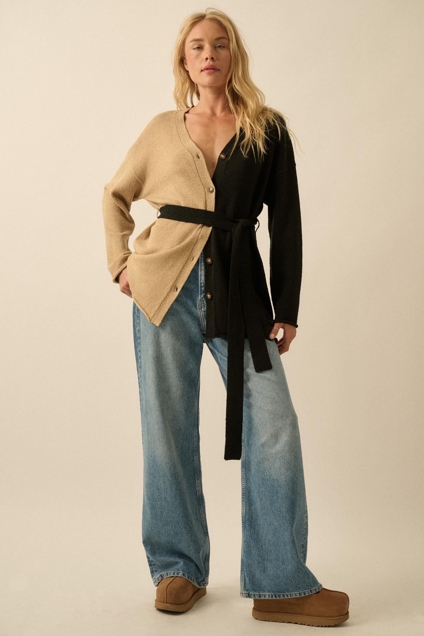 Promise the Label Colorblock Belted Cardigan