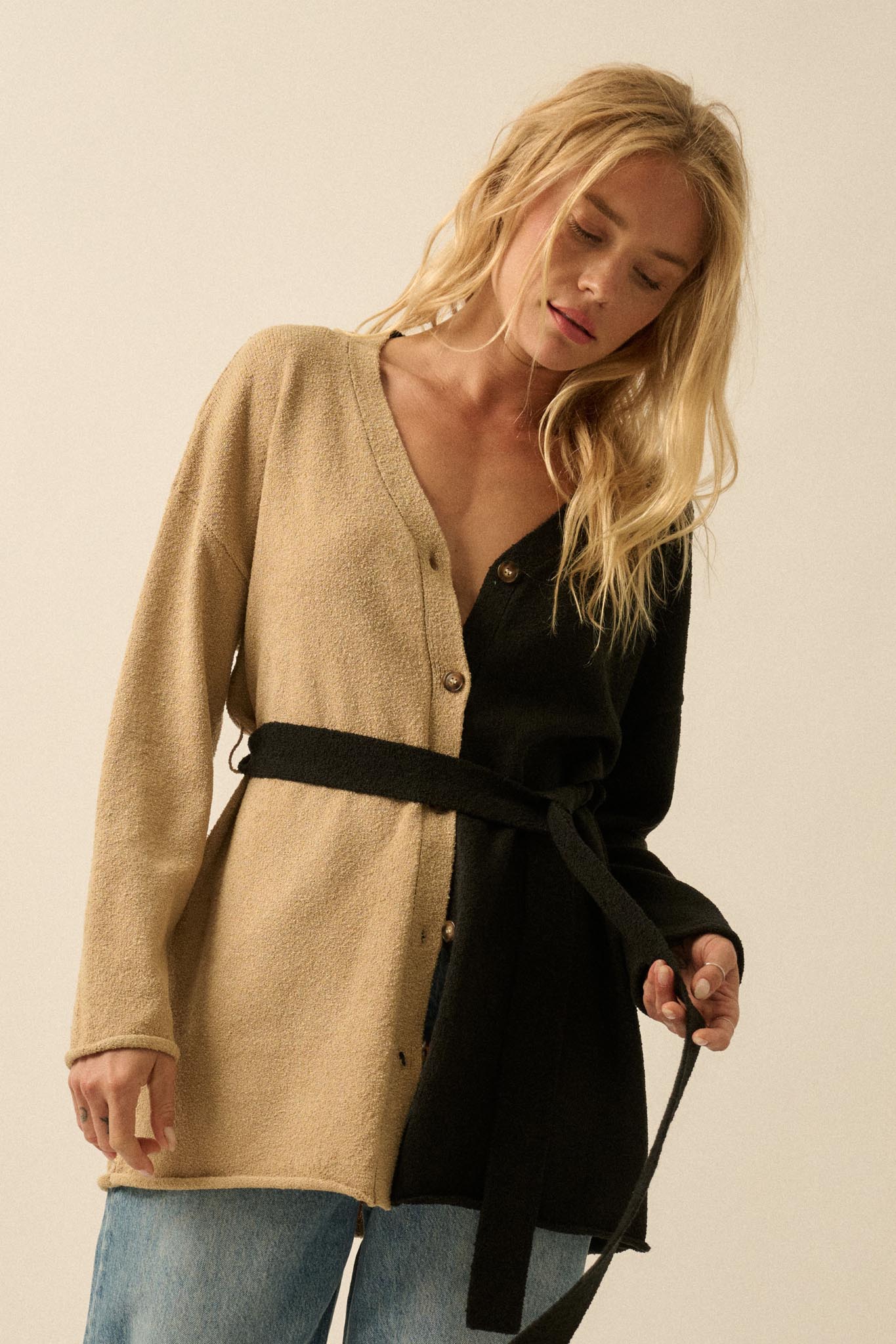 Promise the Label Colorblock Belted Cardigan
