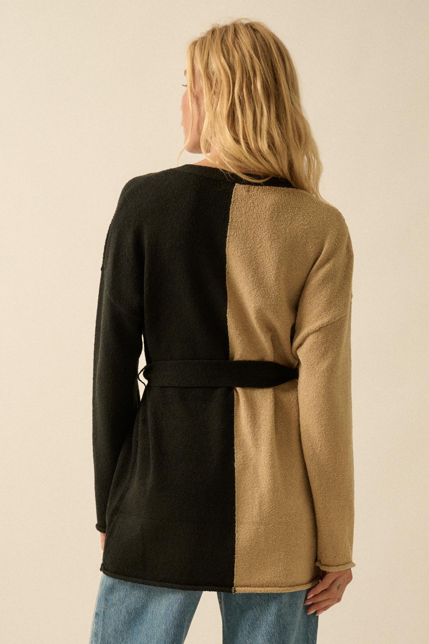 Promise the Label Colorblock Belted Cardigan