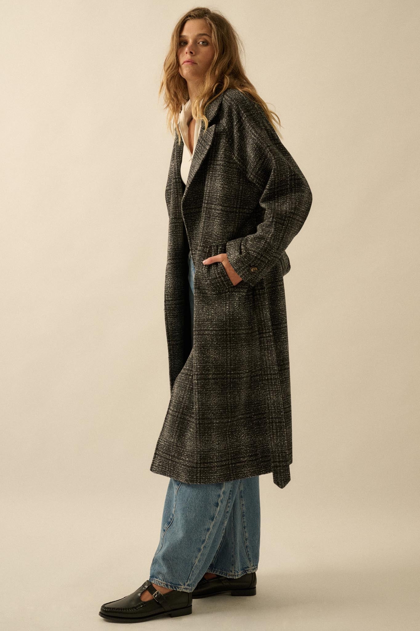 Check Point Plaid Tweed Belted Trench Coat