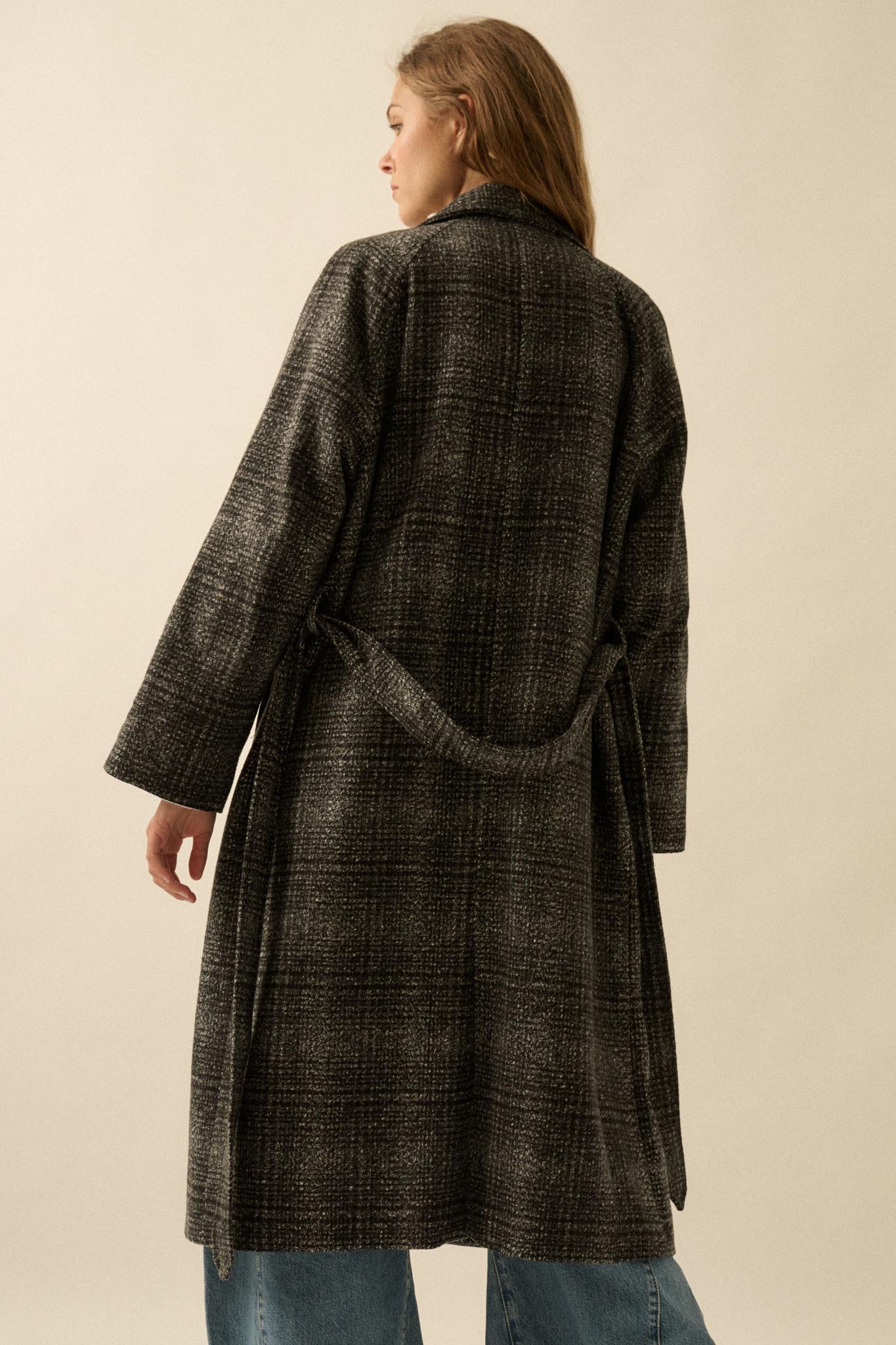 Check Point Plaid Tweed Belted Trench Coat