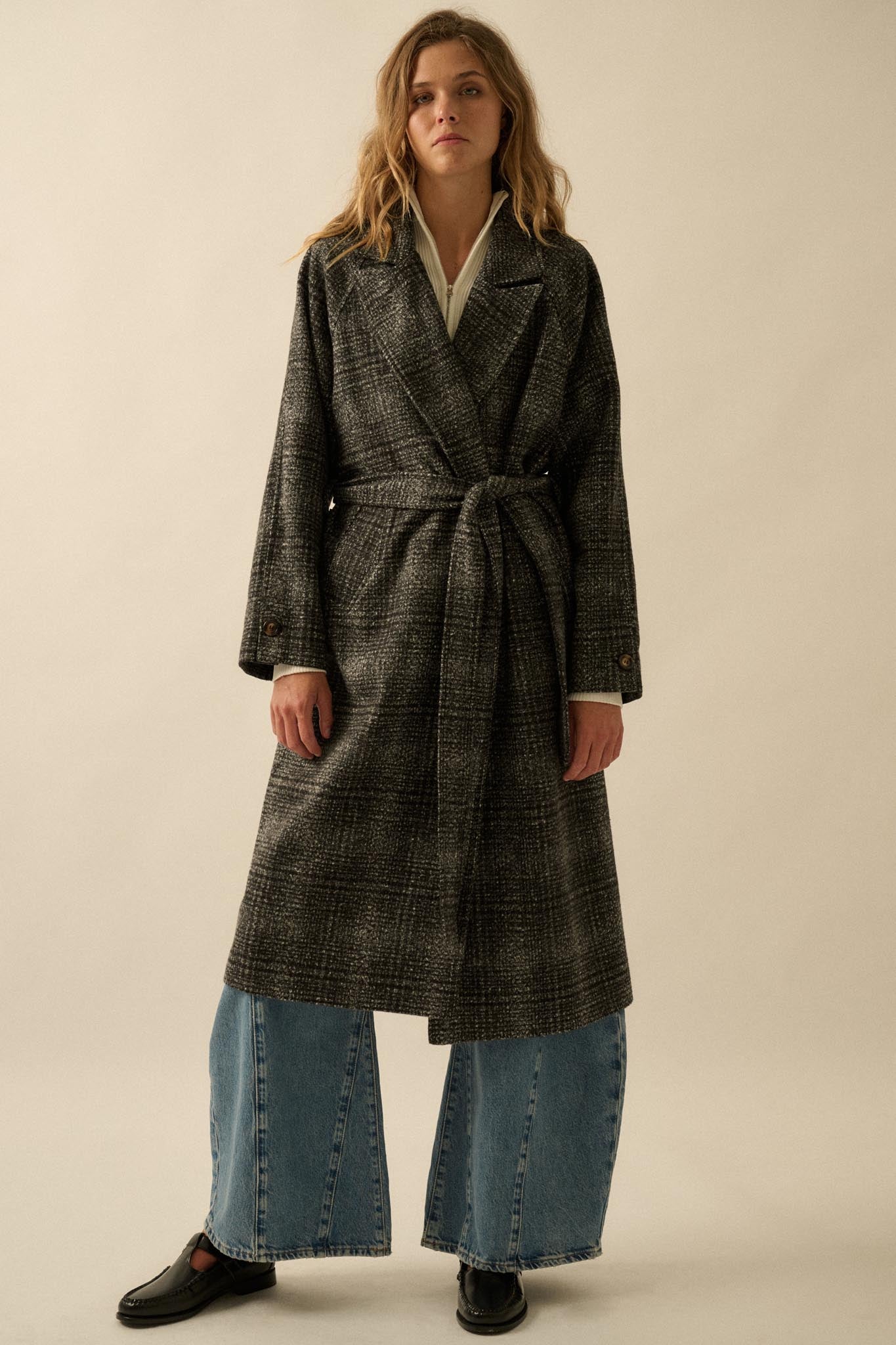 Check Point Plaid Tweed Belted Trench Coat