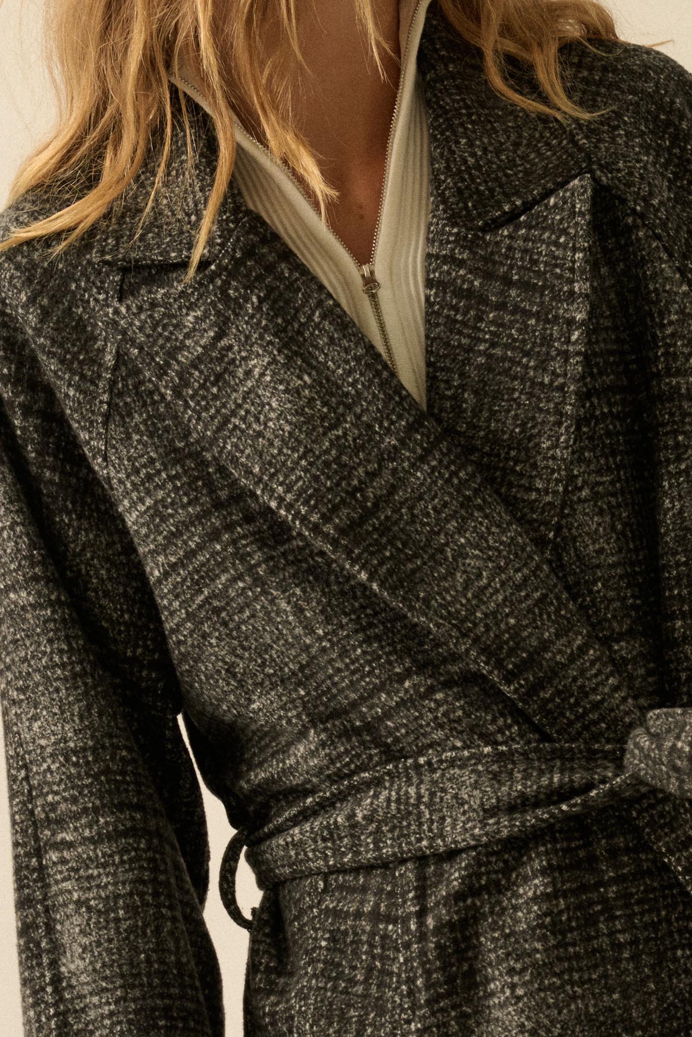 Check Point Plaid Tweed Belted Trench Coat