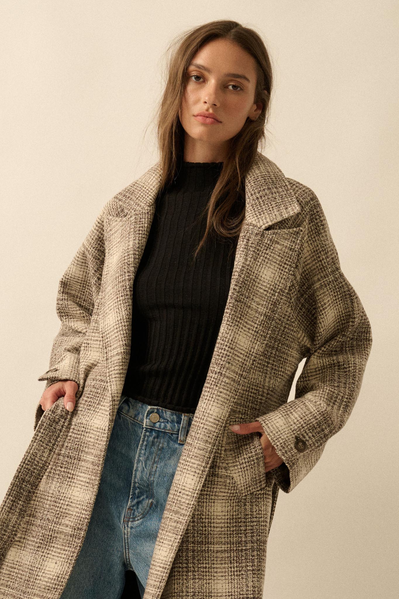 Check Point Plaid Tweed Belted Trench Coat