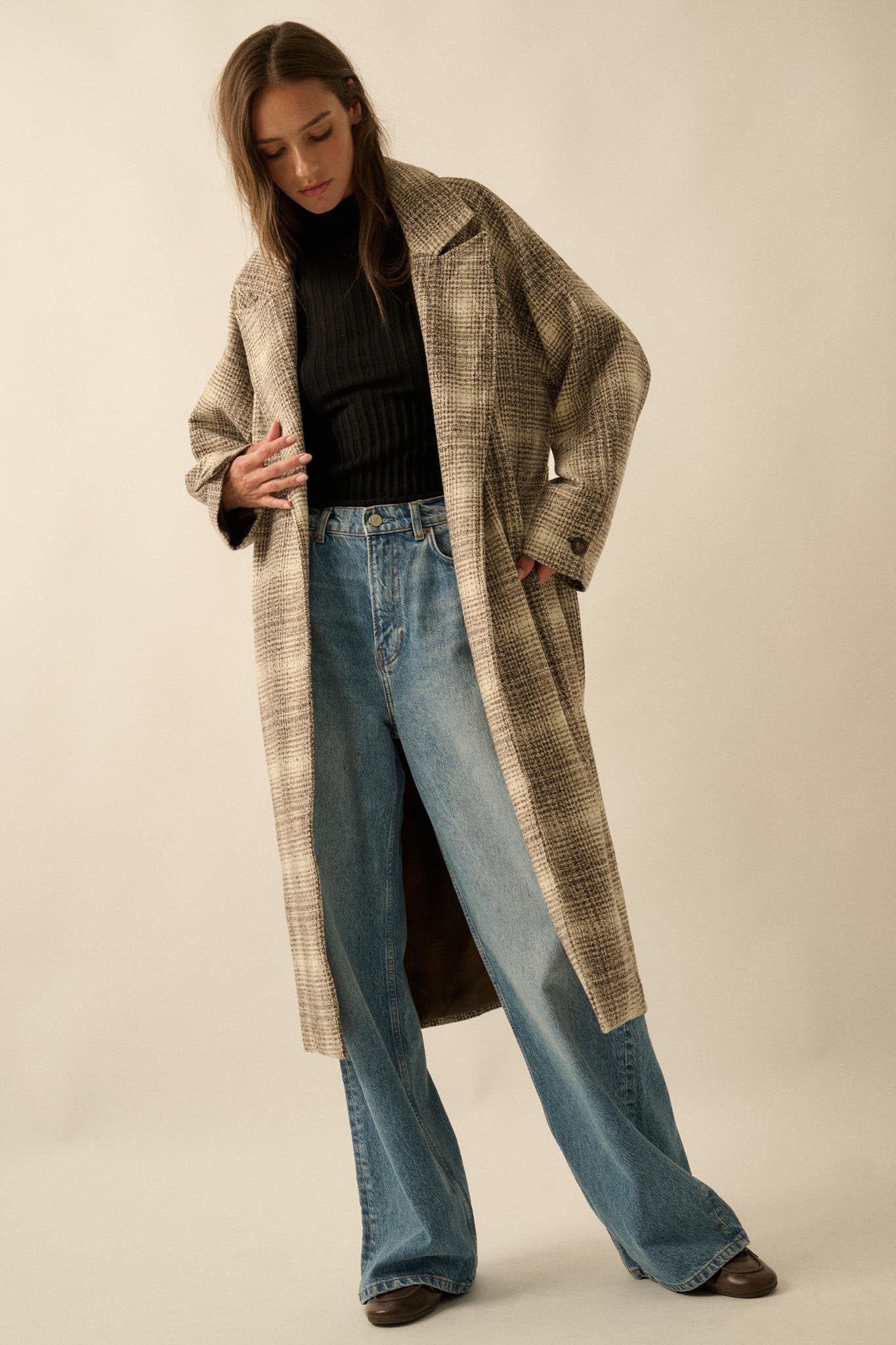 Check Point Plaid Tweed Belted Trench Coat