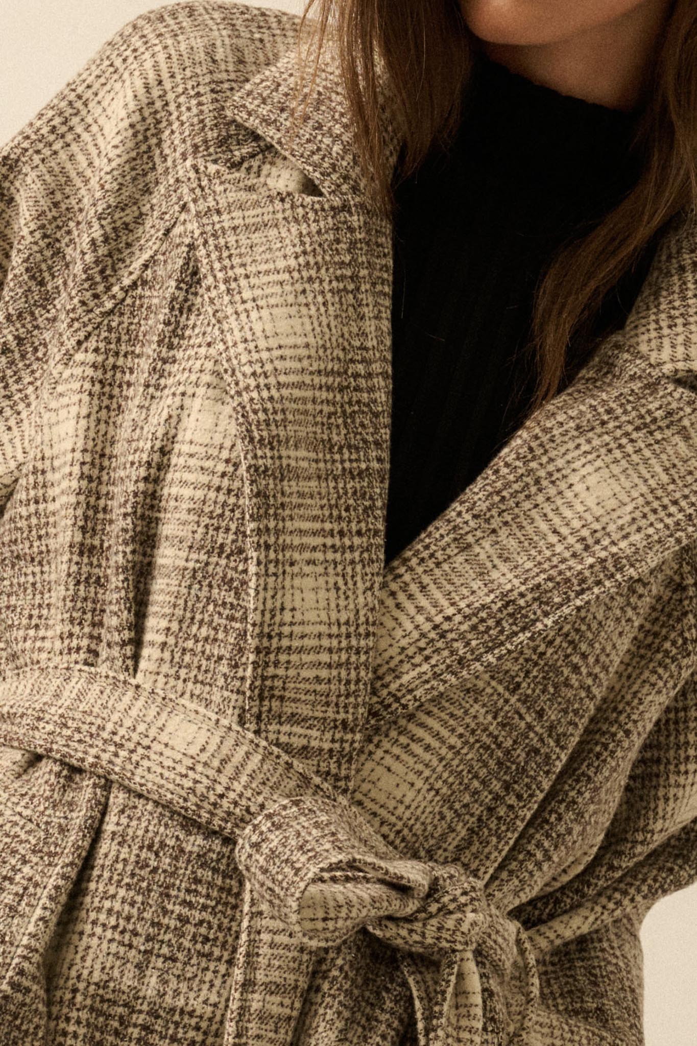 Check Point Plaid Tweed Belted Trench Coat
