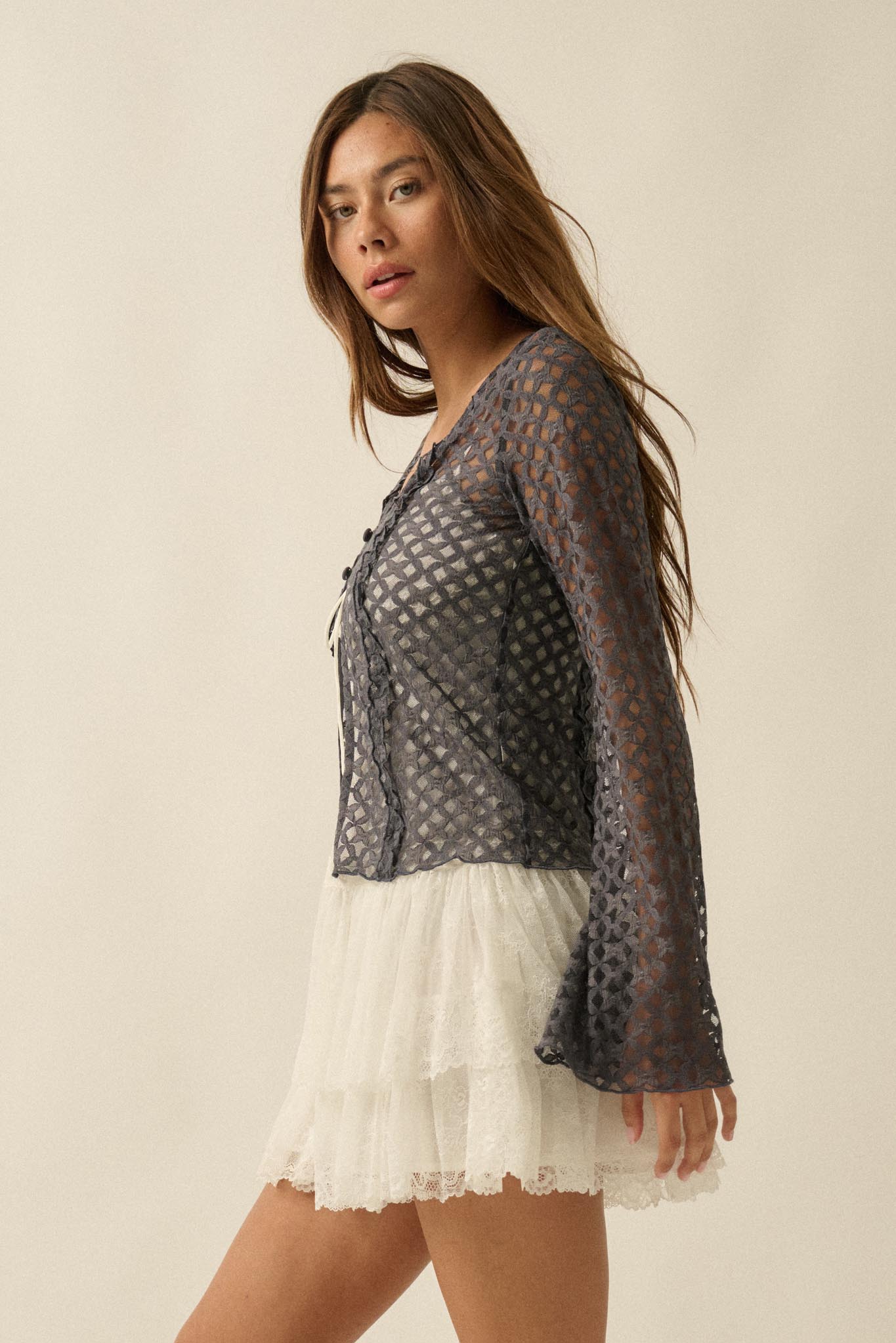 Kiss Me Quick Sheer Ruffled Floral Lace Cardigan