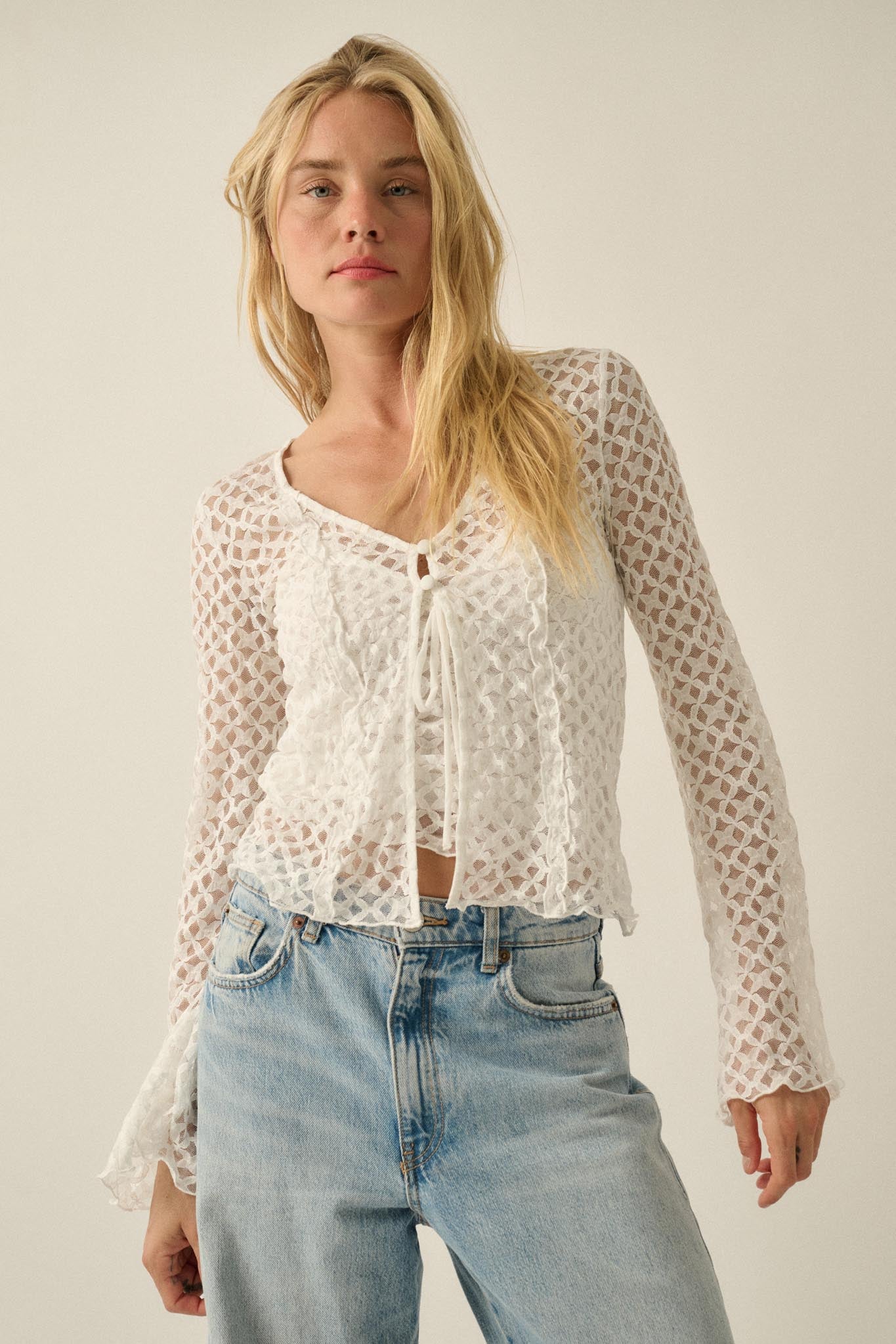 Kiss Me Quick Sheer Ruffled Floral Lace Cardigan