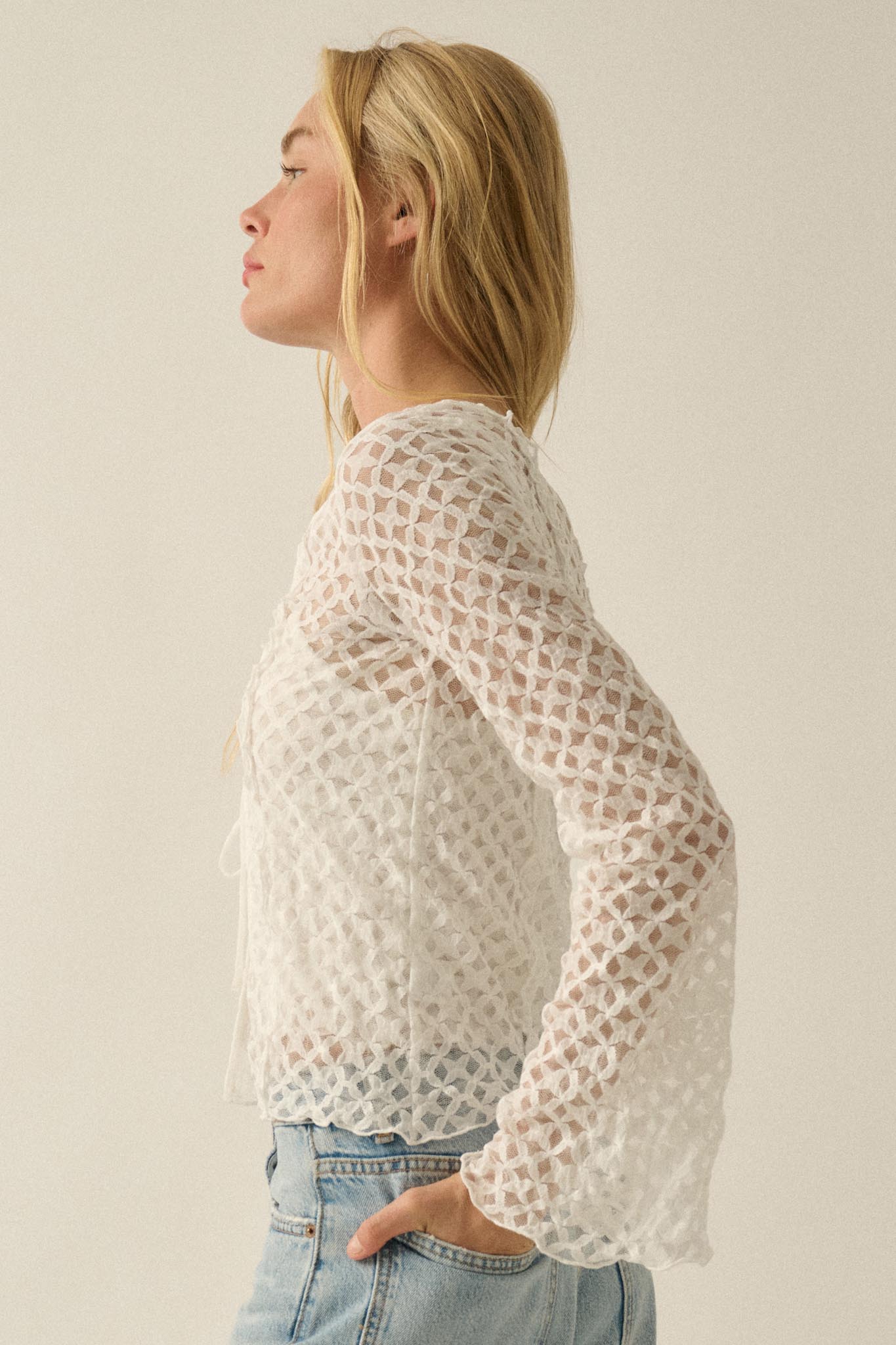 Kiss Me Quick Sheer Ruffled Floral Lace Cardigan