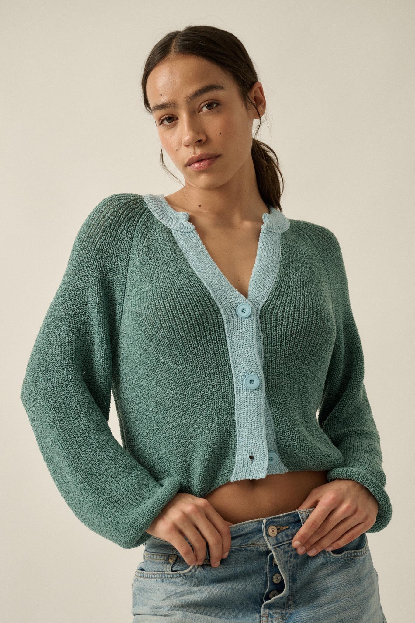 Meant to Be Contrast Knit Cropped Cardigan