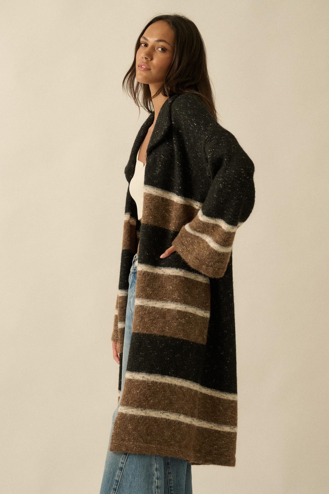 Down to Earth Striped Open-Front Duster Cardigan