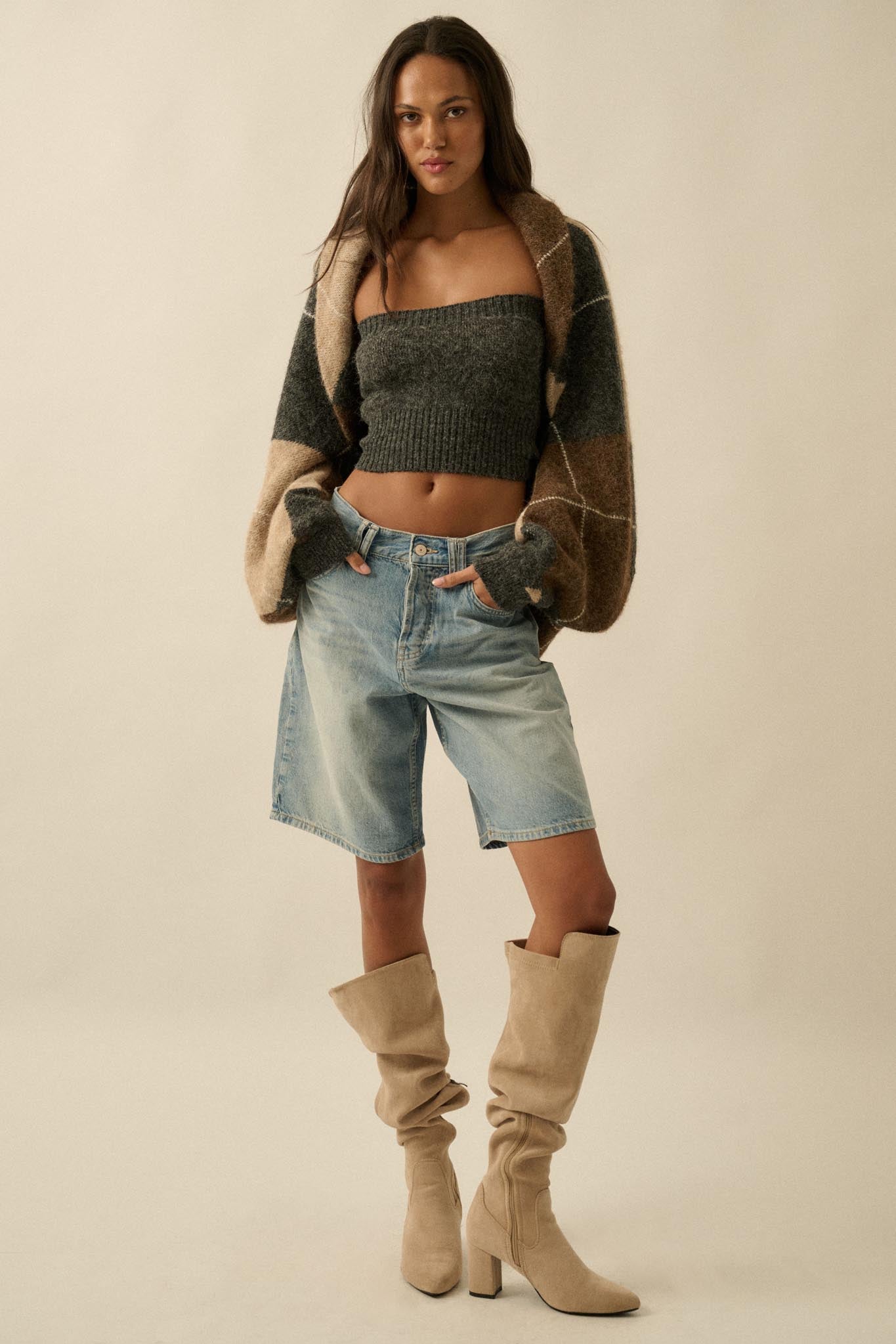 Across the Board Argyle Knit Shrug Cardigan