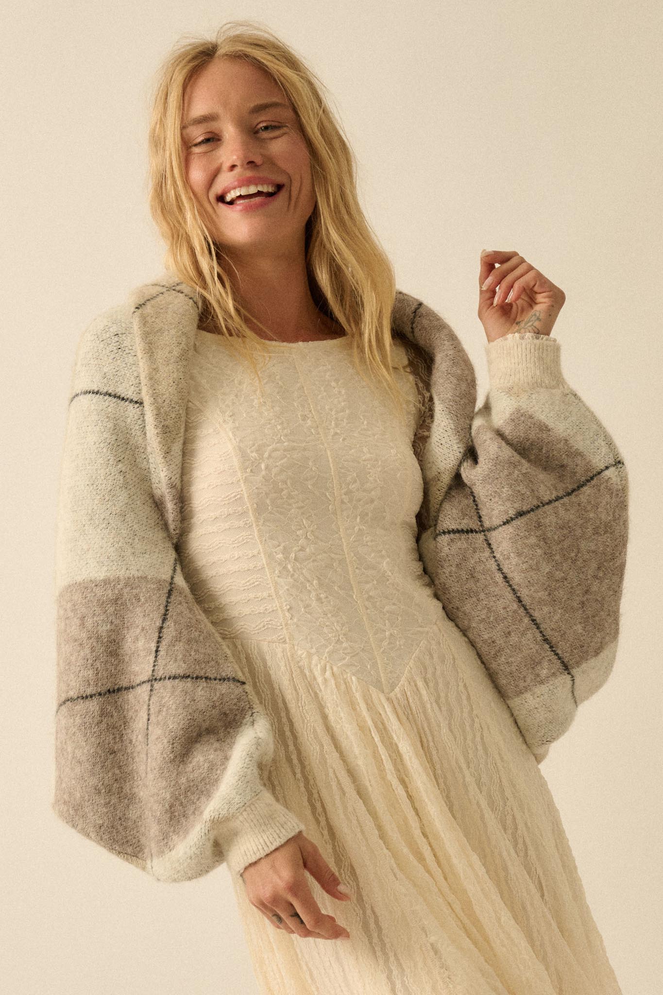 Across the Board Argyle Knit Shrug Cardigan