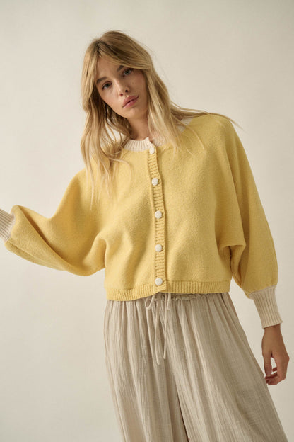 Ready or Not Contrast Knit Bubble-Sleeve Cardigan