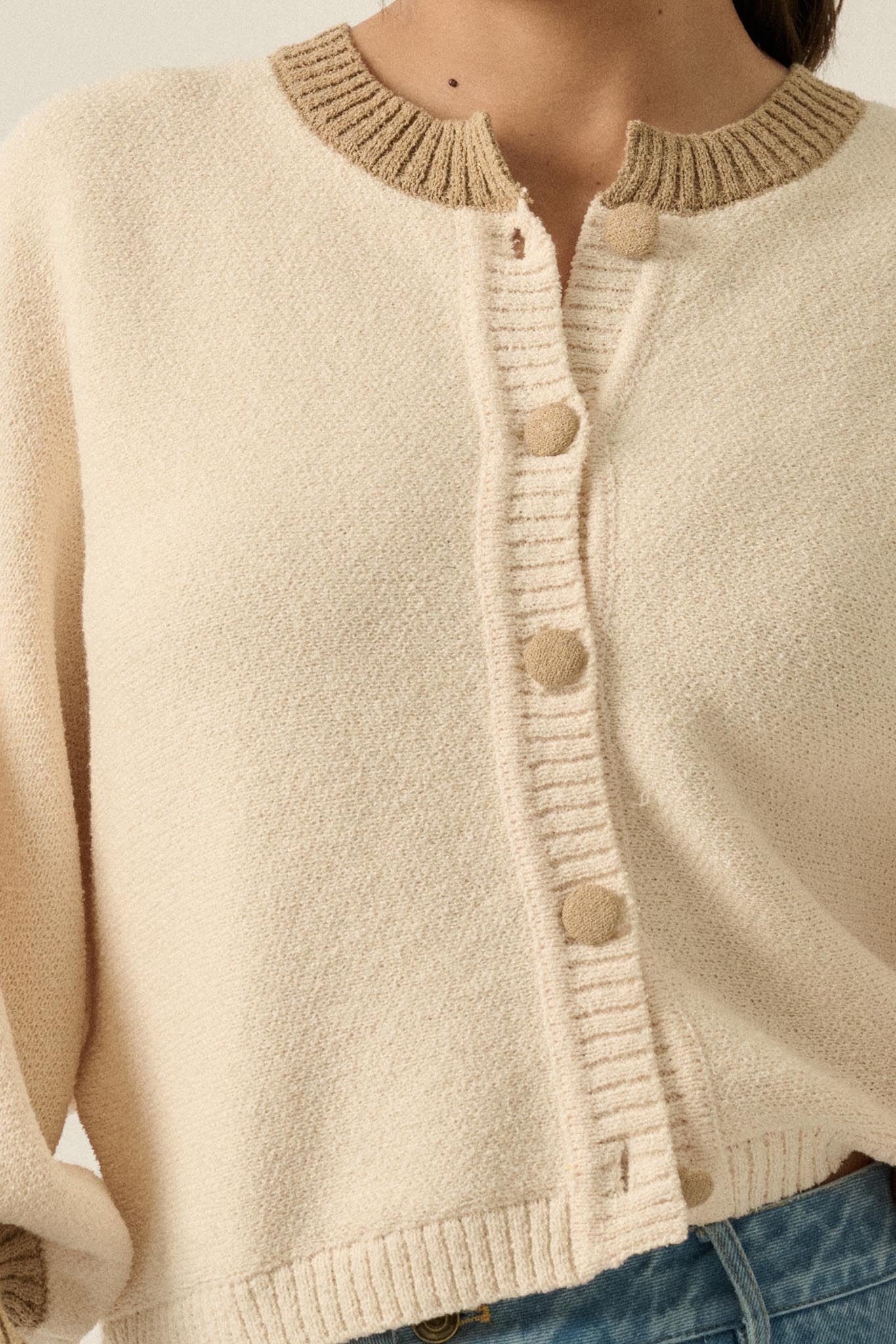 Ready or Not Contrast Knit Bubble-Sleeve Cardigan