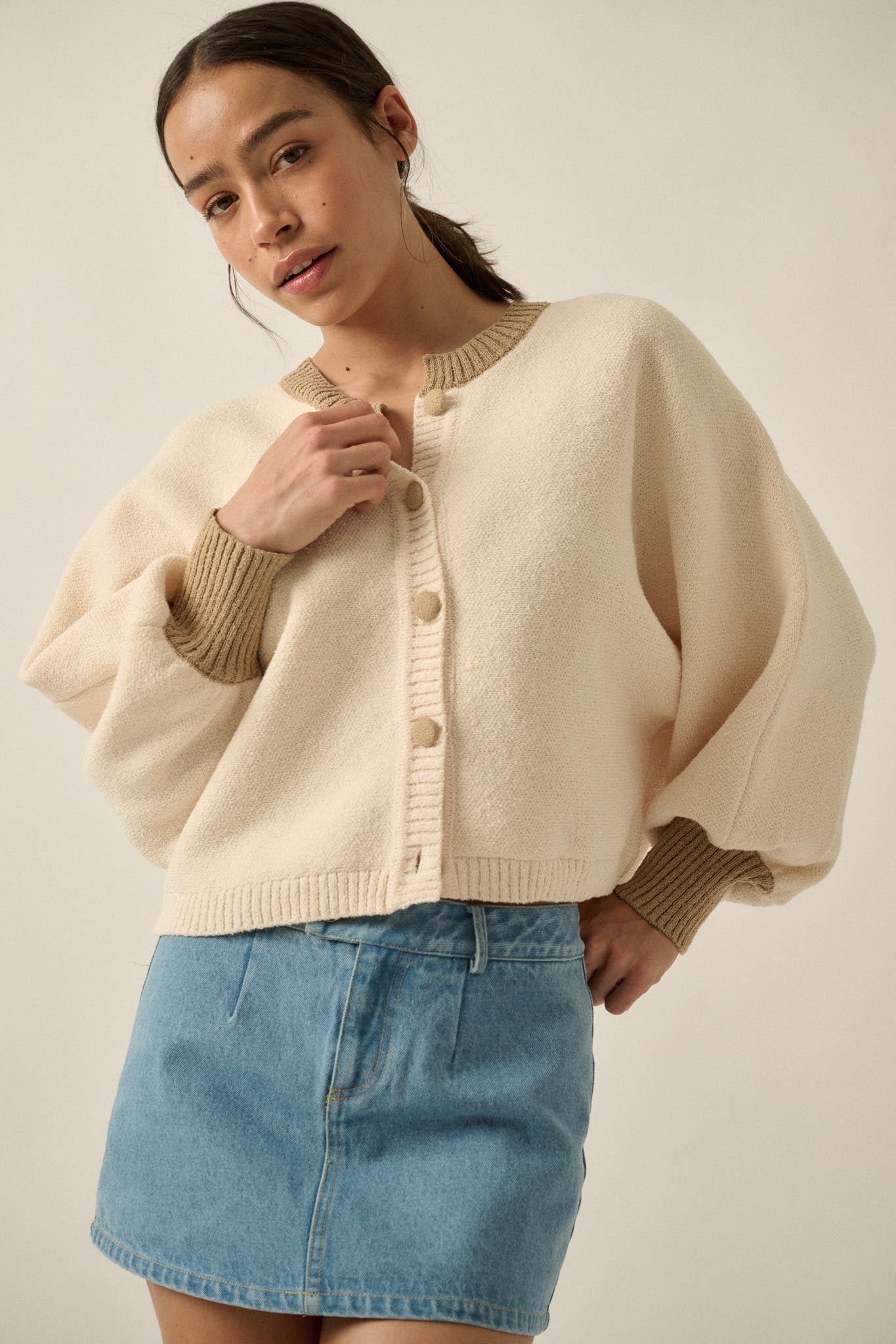 Ready or Not Contrast Knit Bubble-Sleeve Cardigan