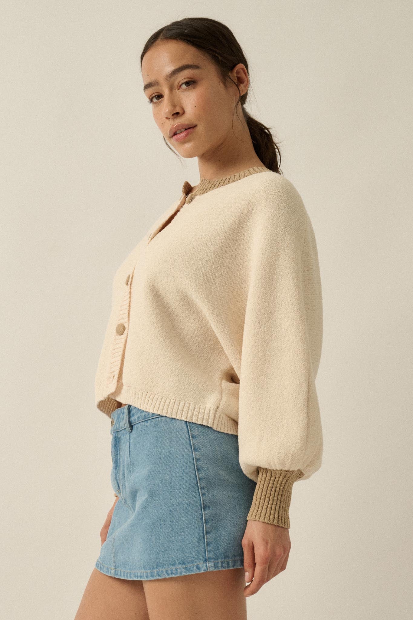 Ready or Not Contrast Knit Bubble-Sleeve Cardigan
