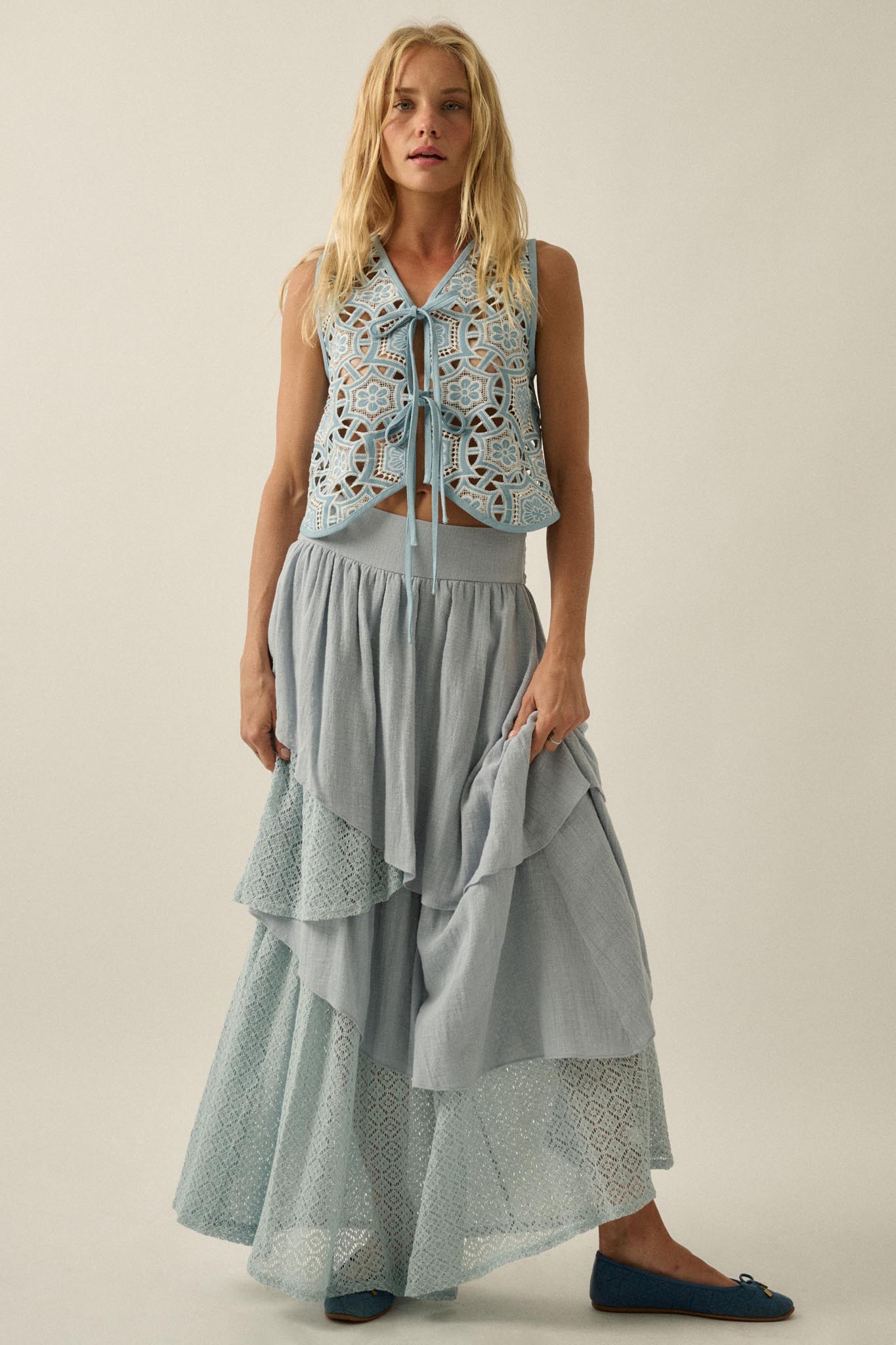 Blue Breeze Cutout Embroidered Denim Vest