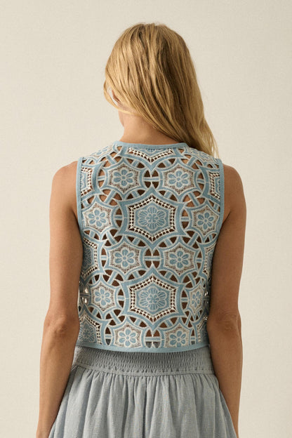 Blue Breeze Cutout Embroidered Denim Vest