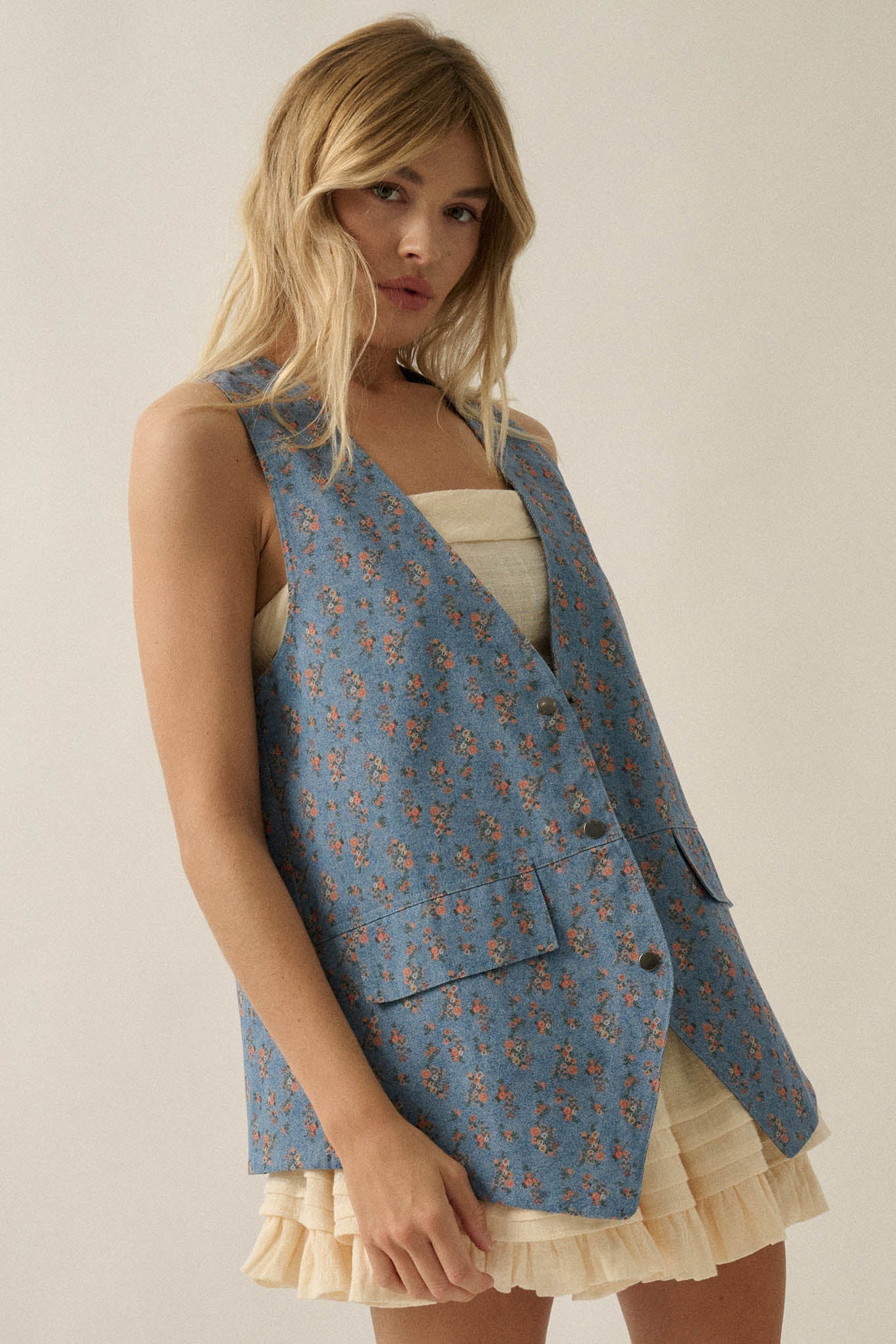 Denim Petals Floral-Print Denim Snap-Front Vest