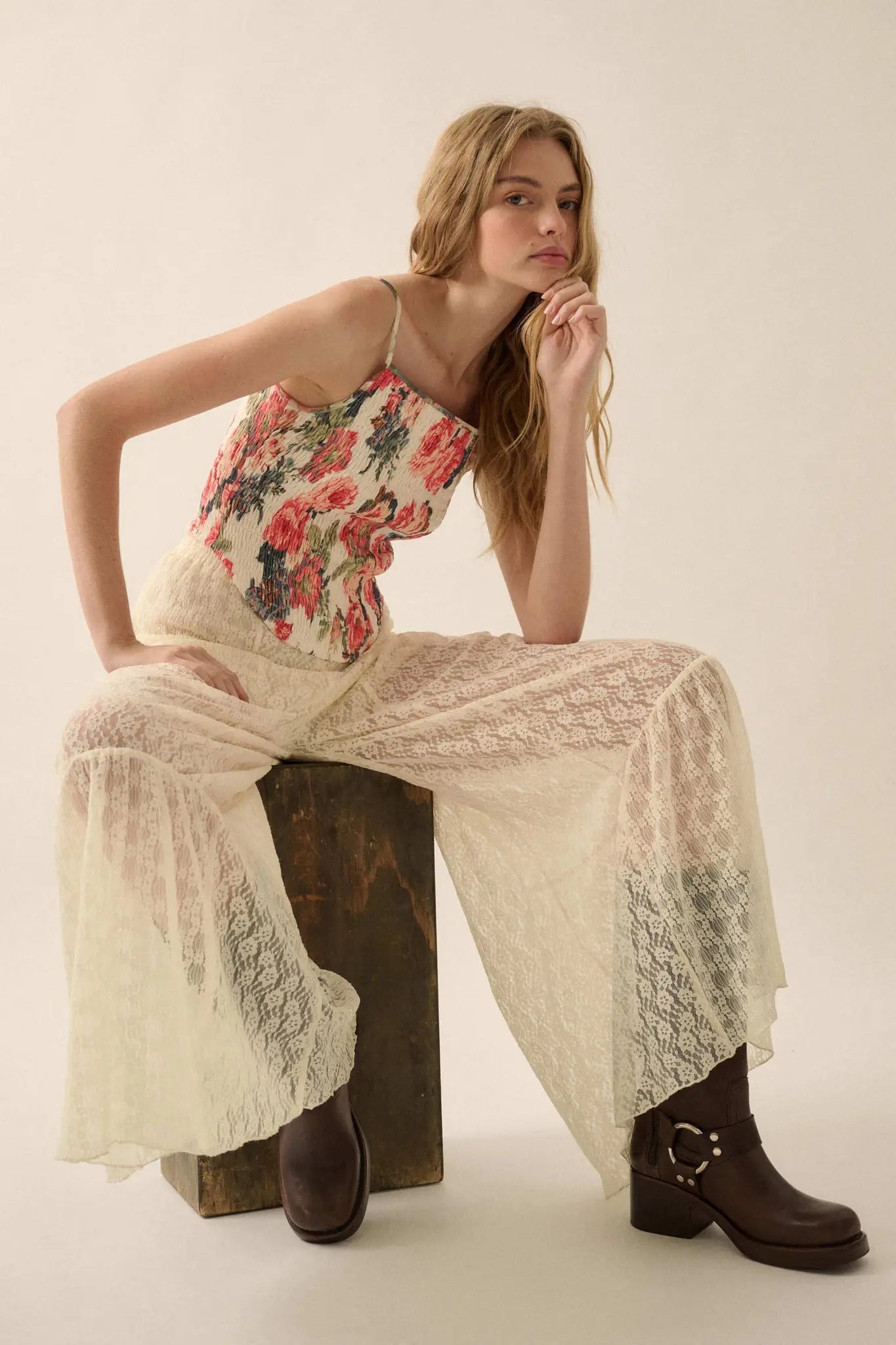 Dreamy Delight Floral Lace Ruffled Wide Leg Pants