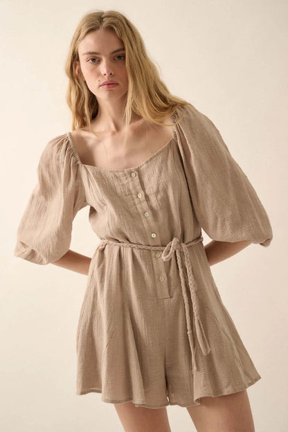 Refreshing Breeze Belted Puff-Sleeve Romper