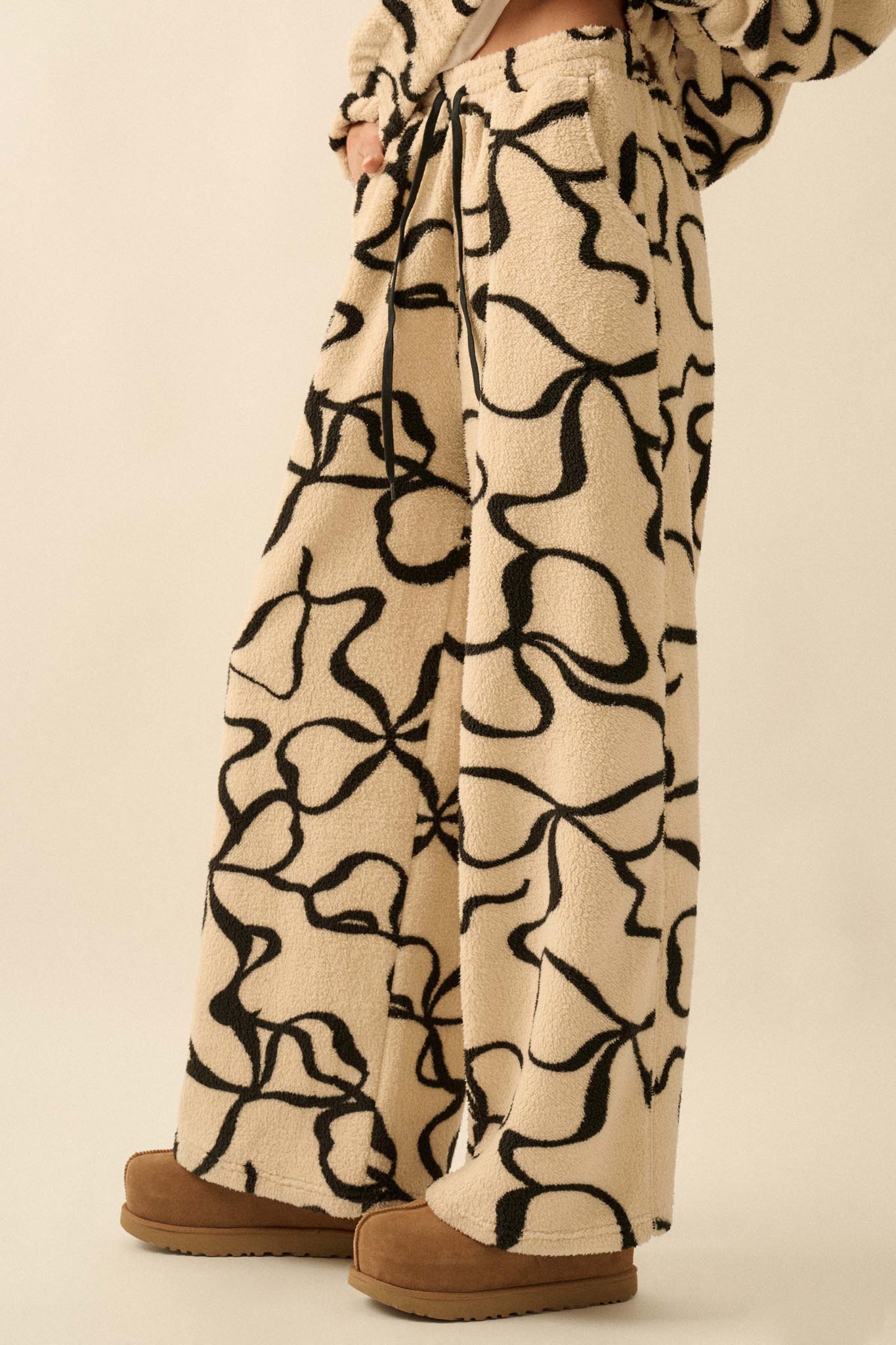 All Tied Up Bow-Print Fleece Wide-Leg Pants