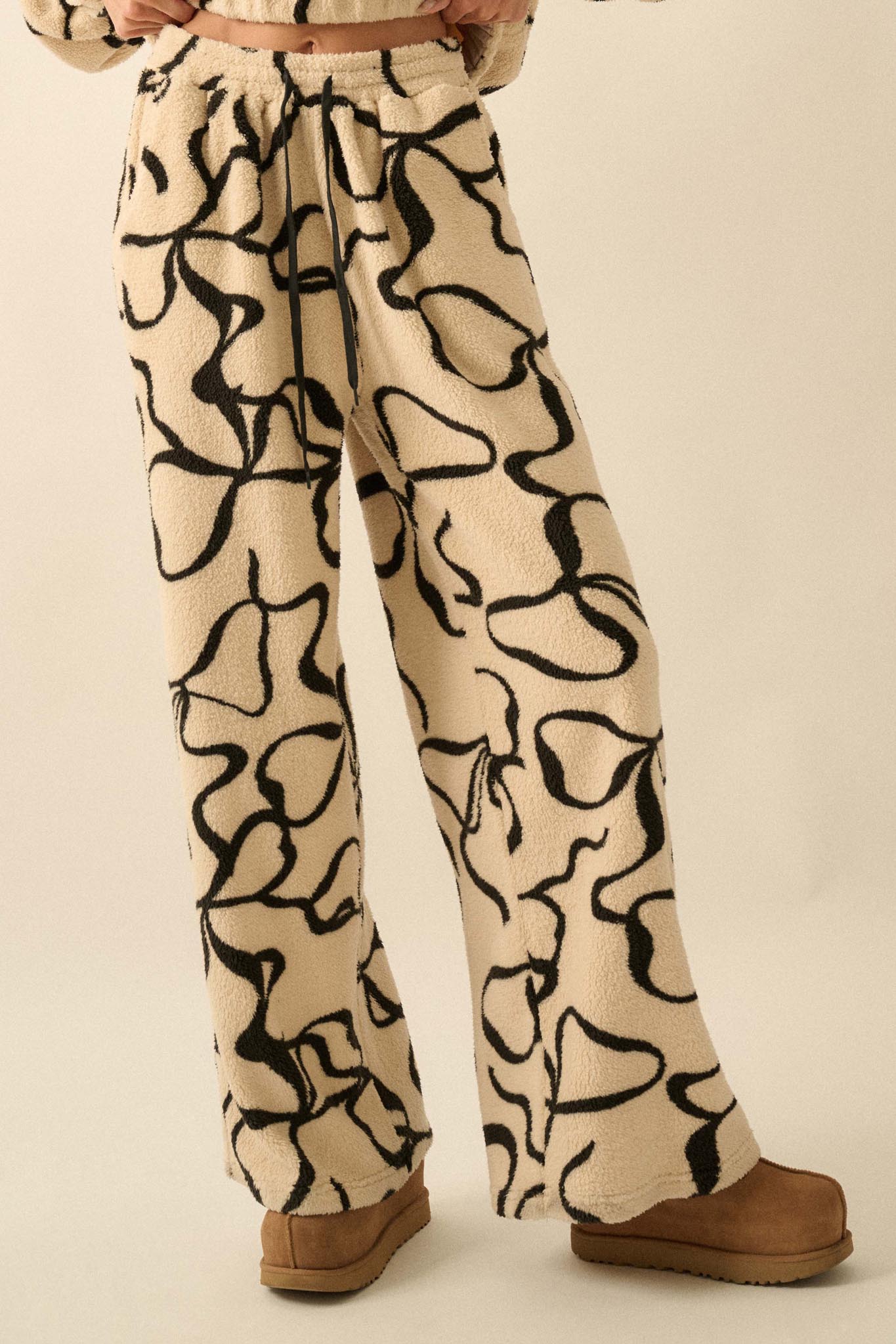 All Tied Up Bow-Print Fleece Wide-Leg Pants
