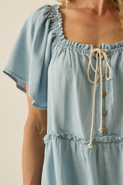 Skies Above Denim Tie-Neck Flutter-Sleeve Romper