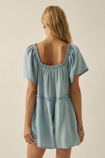 Skies Above Denim Tie-Neck Flutter-Sleeve Romper
