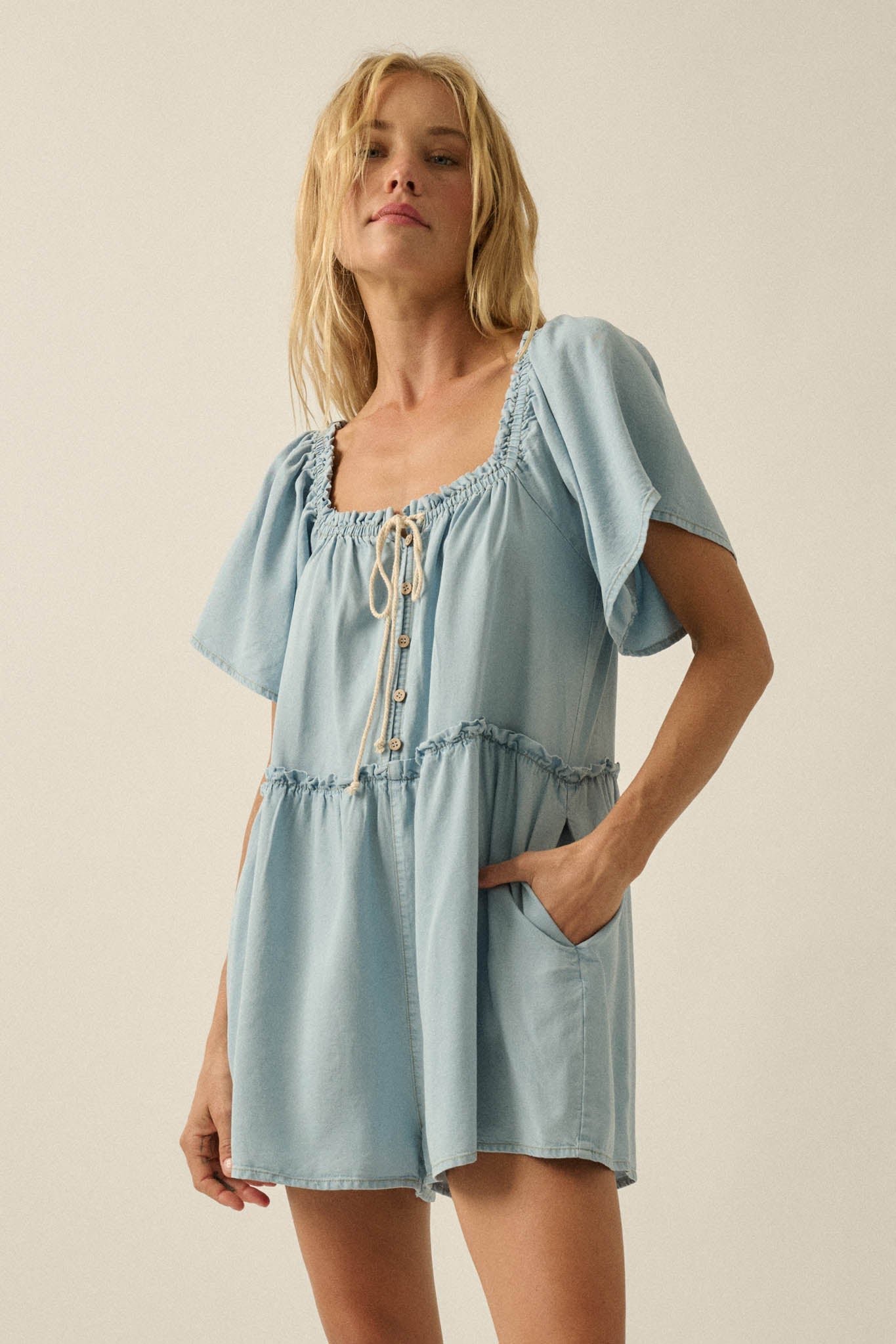 Skies Above Denim Tie-Neck Flutter-Sleeve Romper