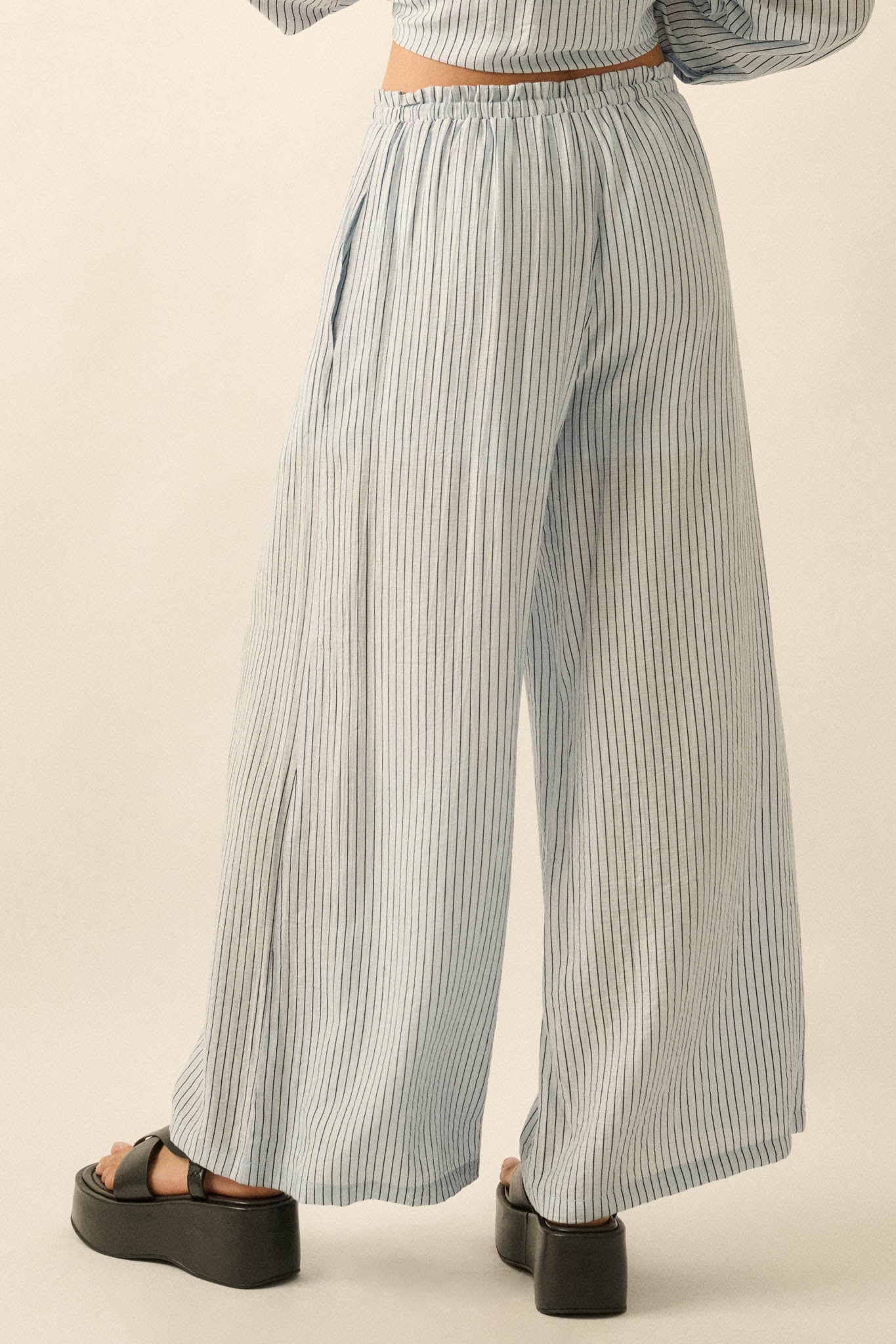 Lazy Weekend Pinstripe Wide-Leg Drawstring Pants