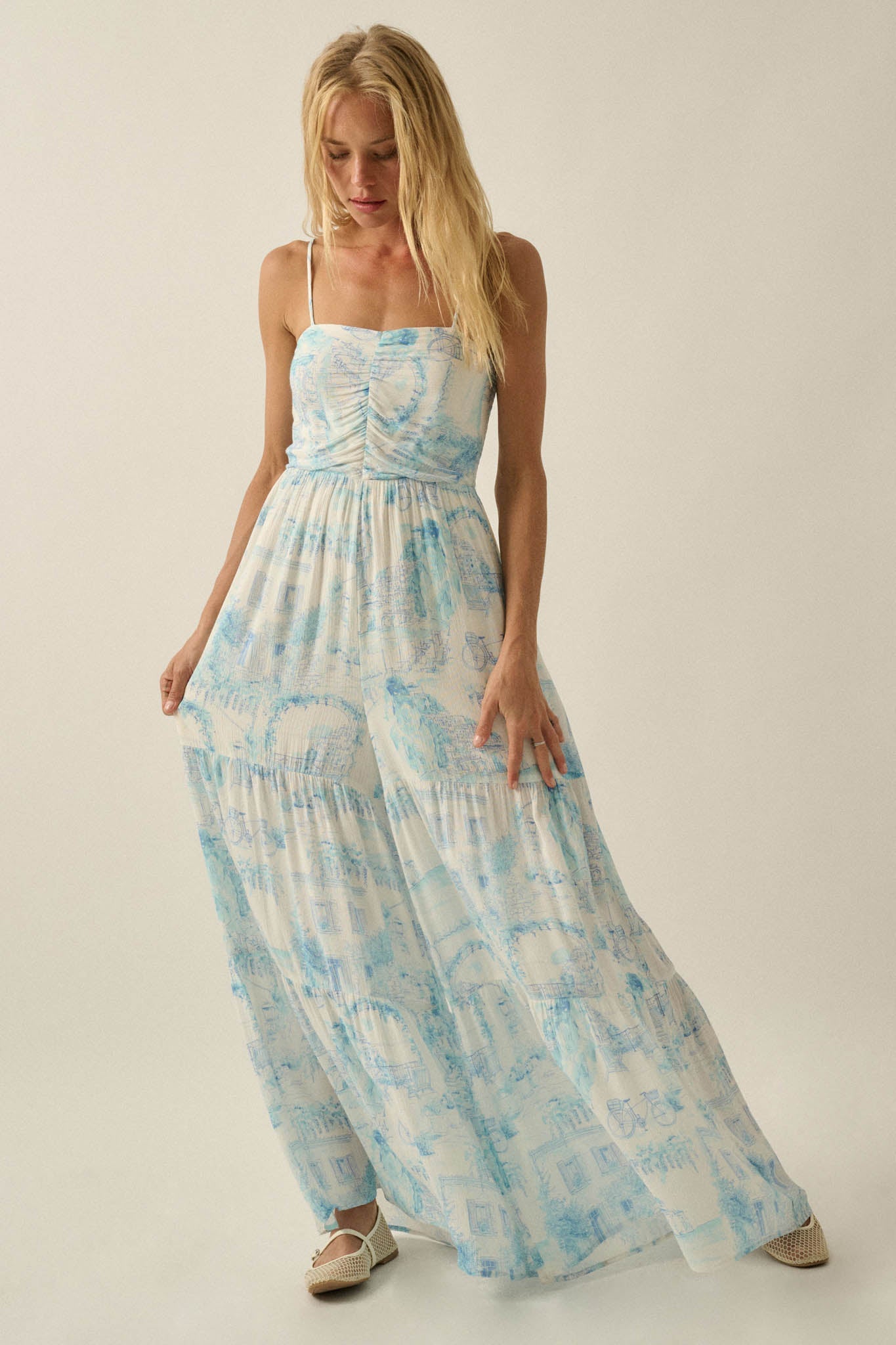 Beautiful View Toile Wide-Leg Tiered Jumpsuit