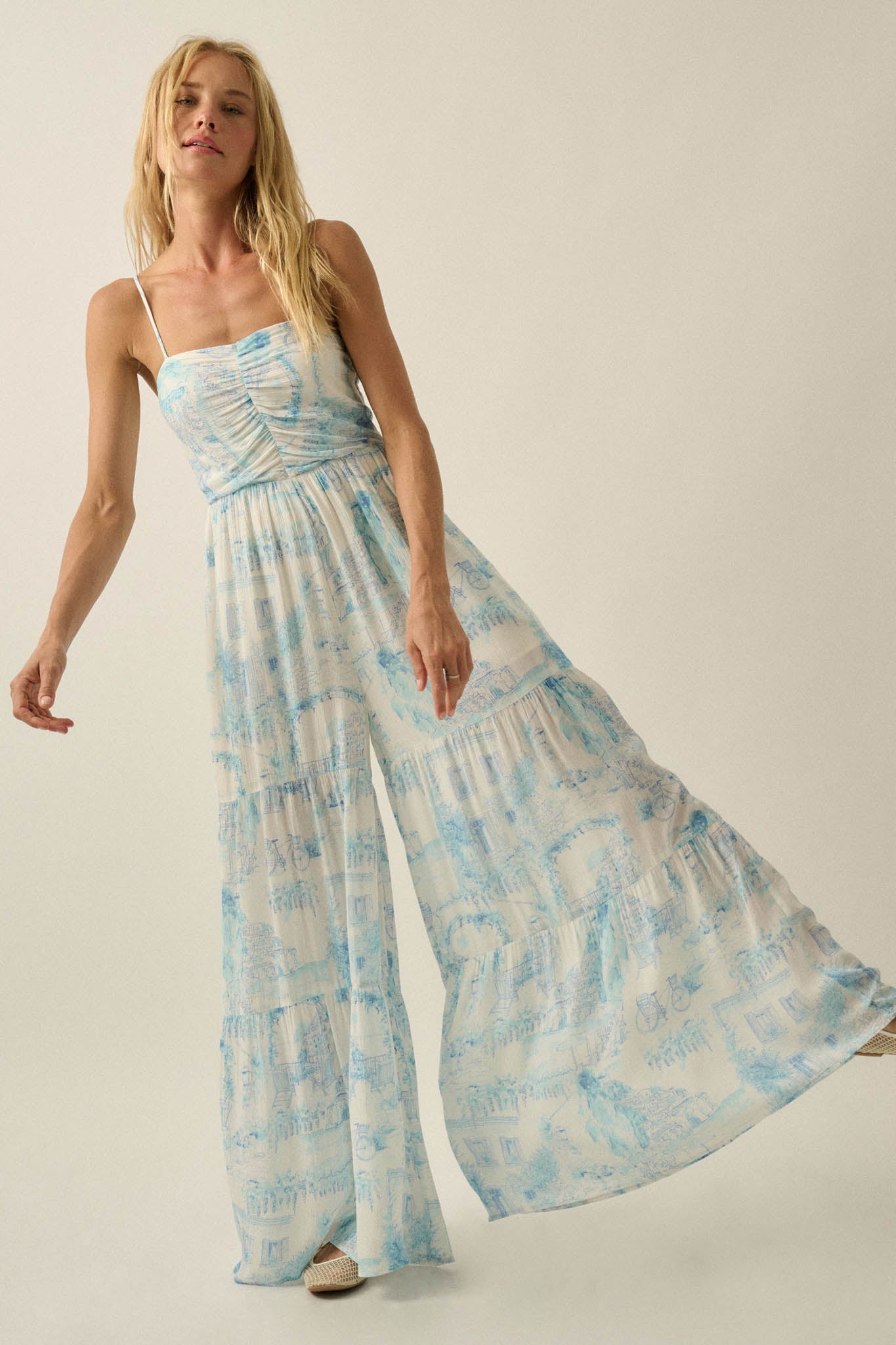 Beautiful View Toile Wide-Leg Tiered Jumpsuit