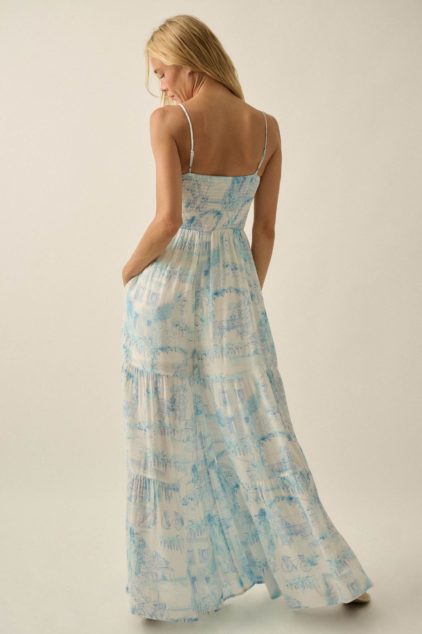 Beautiful View Toile Wide-Leg Tiered Jumpsuit