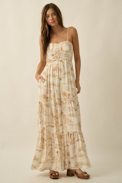 Beautiful View Toile Wide-Leg Tiered Jumpsuit