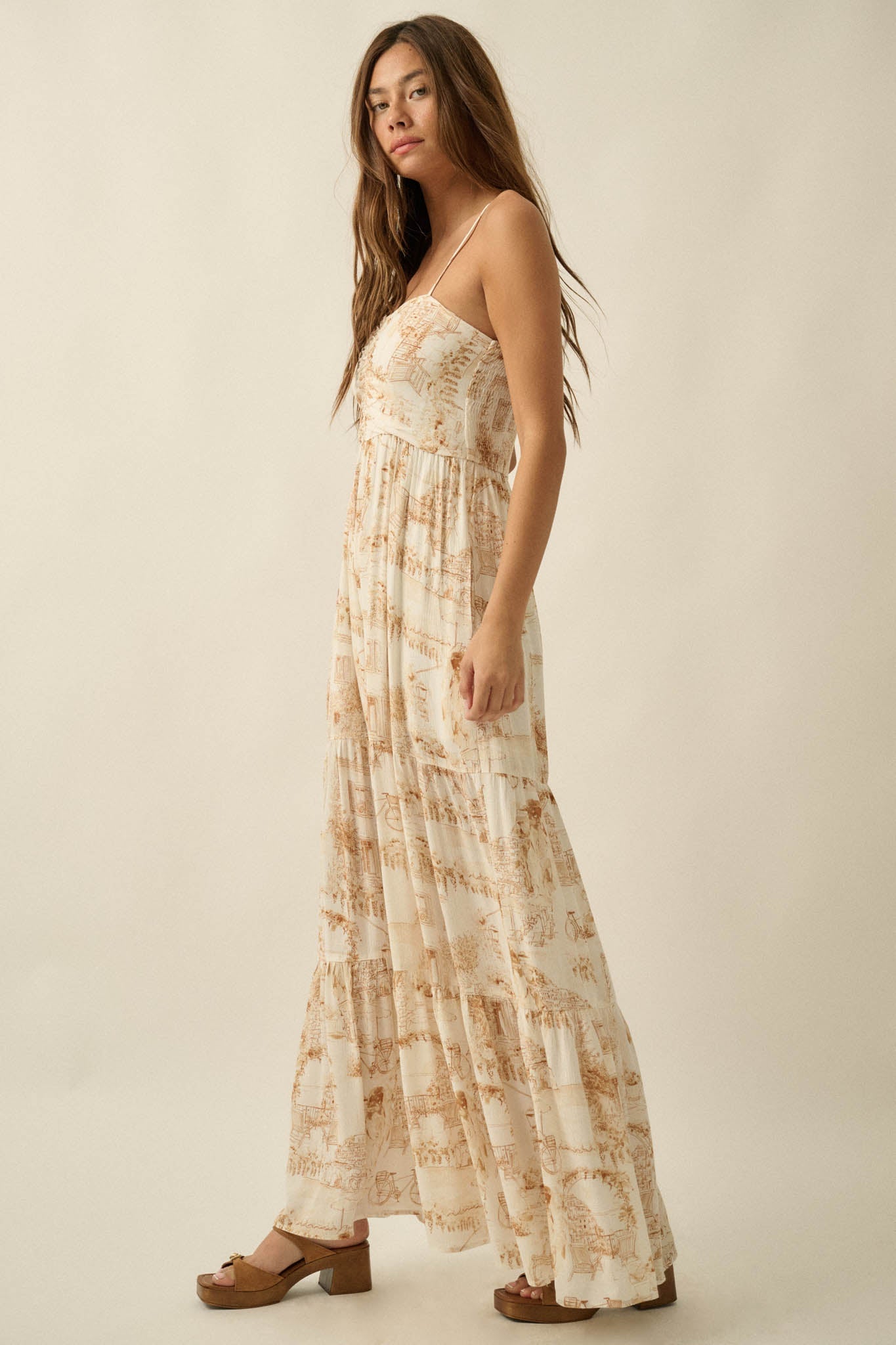 Beautiful View Toile Wide-Leg Tiered Jumpsuit