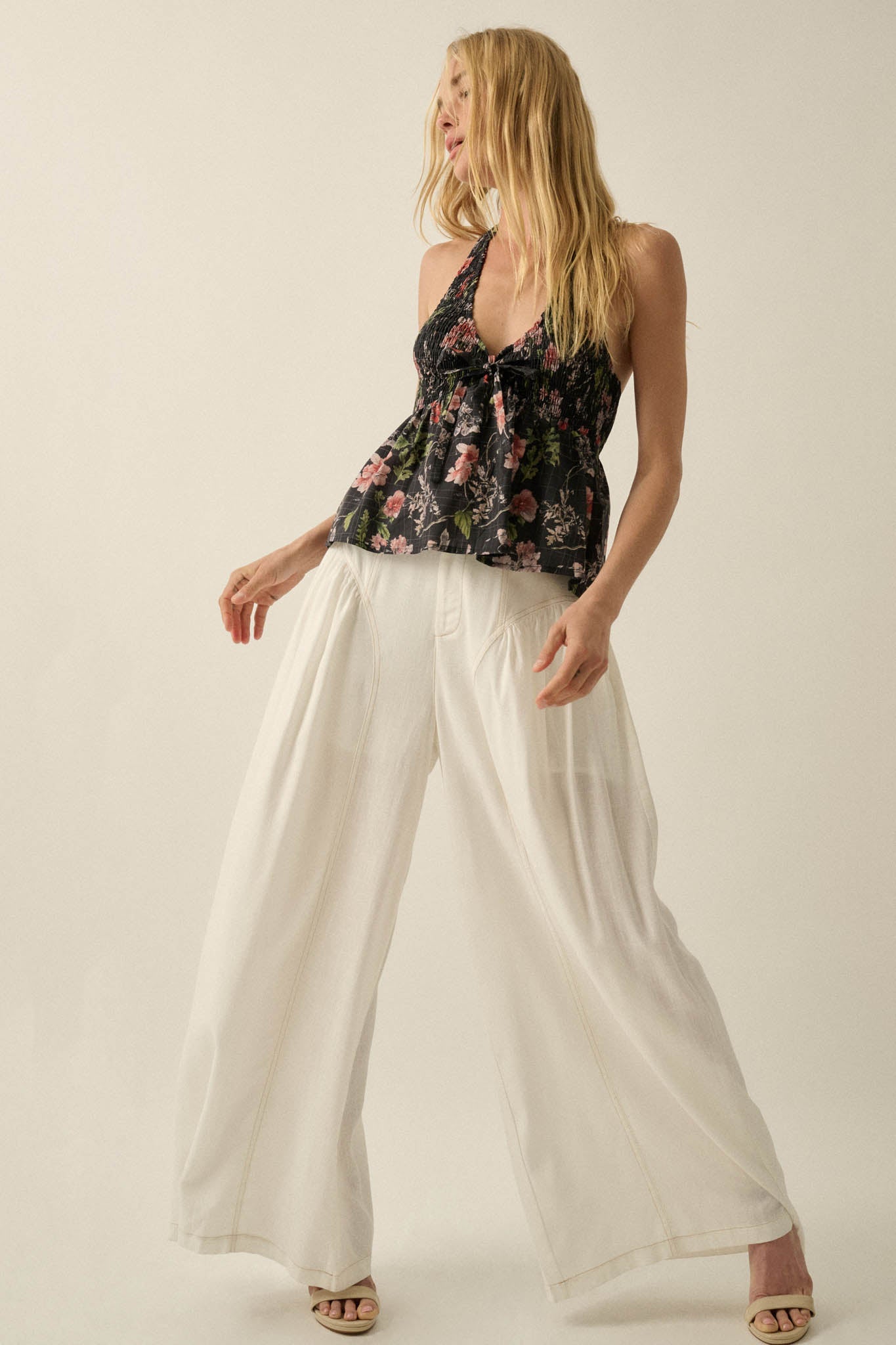 Natural Habitat Linen-Blend Gathered Wide-Leg Pants