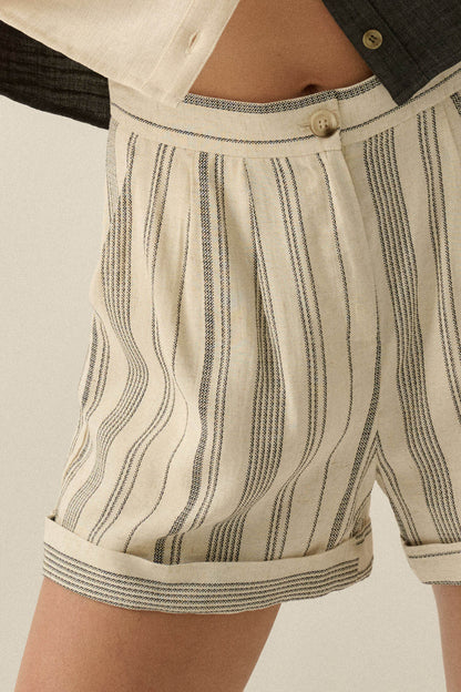 Get Along Pinstripe Pleated Cuffed Pocket Shorts