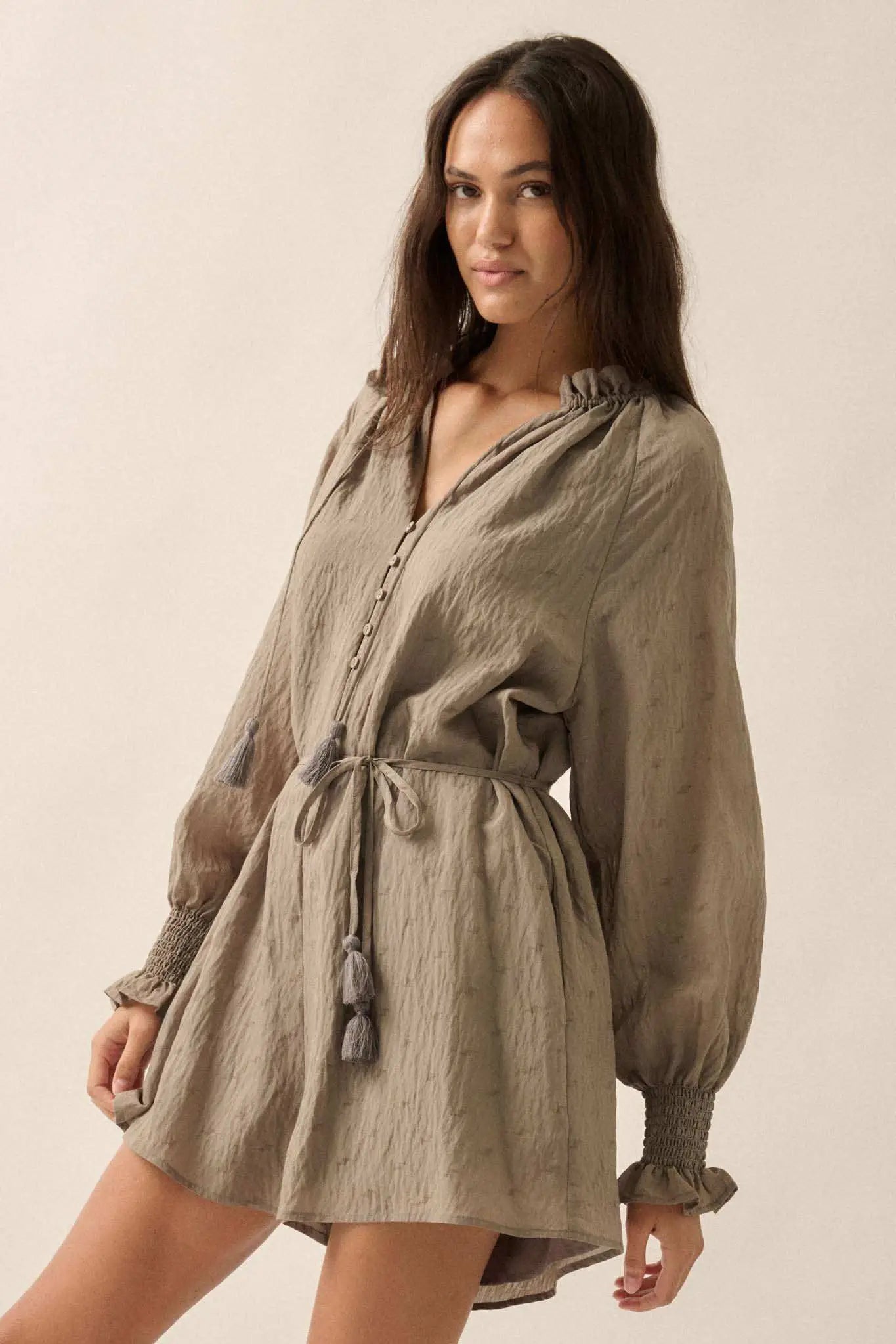 Poetic Heart Jacquard Peasant-Sleeve Belted Romper