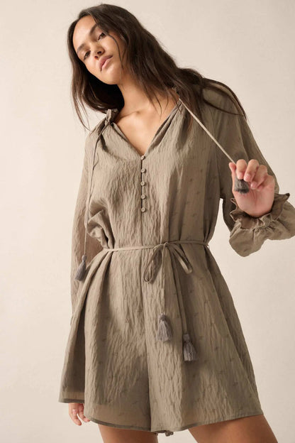 Poetic Heart Jacquard Peasant-Sleeve Belted Romper