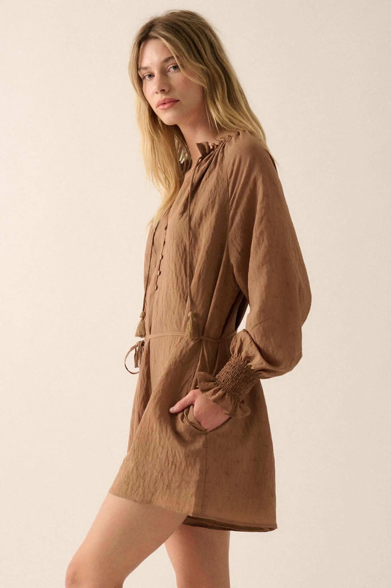 Poetic Heart Jacquard Peasant-Sleeve Belted Romper